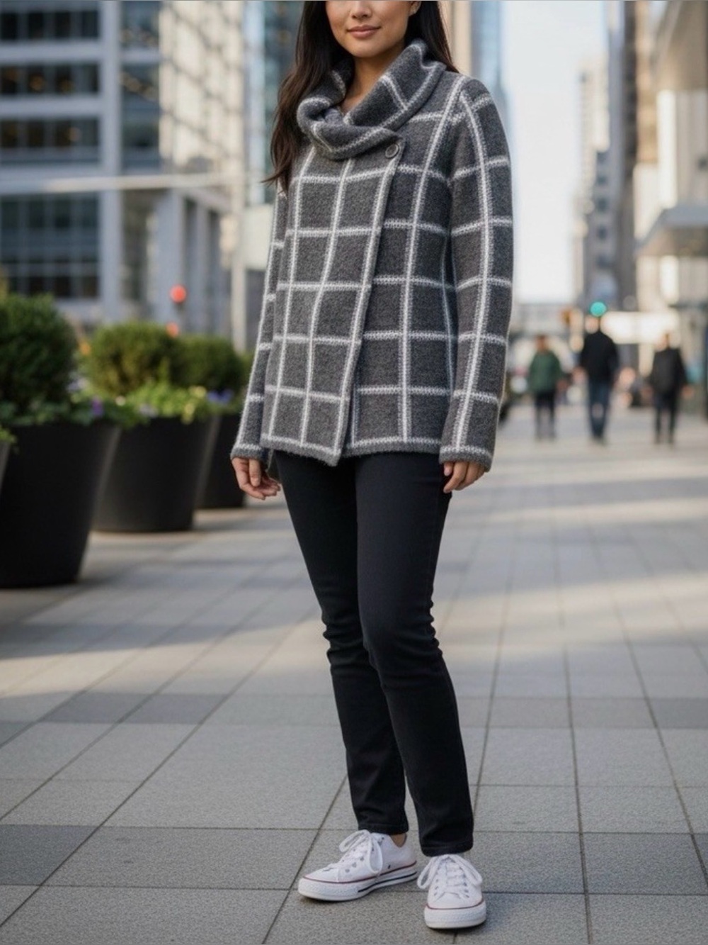 Ellen Tracy Gray Windowpane Cowl Neck Sweater